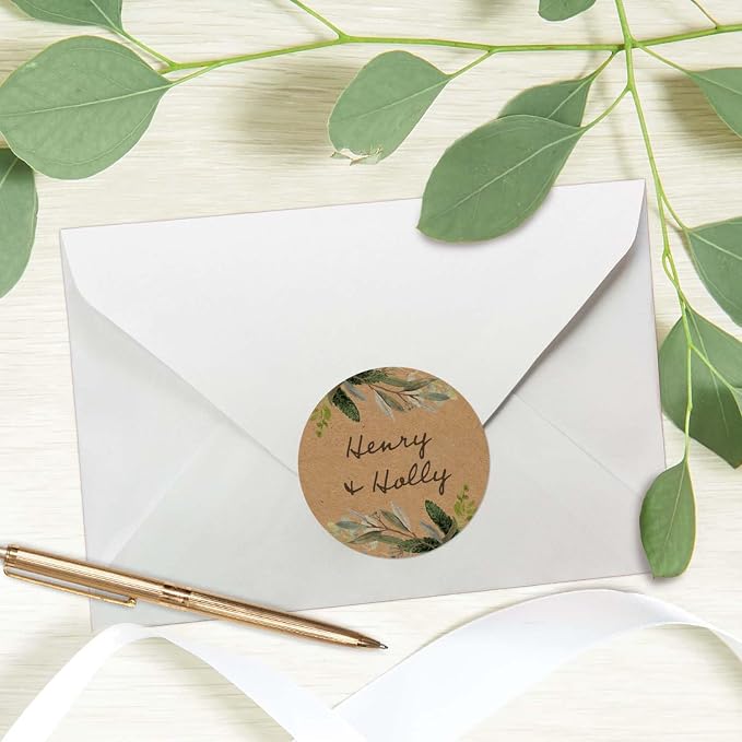 Brown Kraft Greenery Border Stickers / 500 Canning Labels / 2" Round Jar Sticker / 6 Floral Foliage Designs with Writing Space/Made in The USA