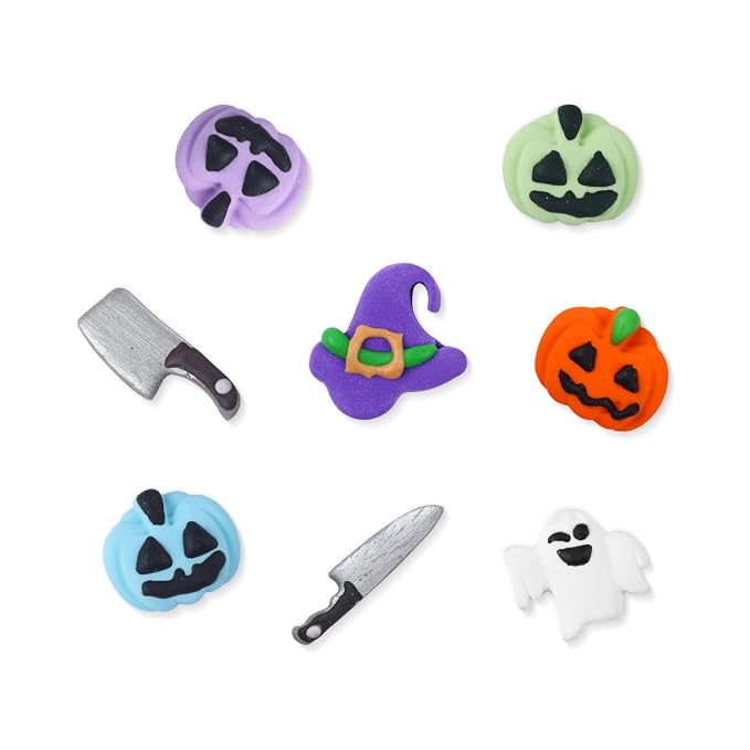 Edible Halloween Cake Decorations, 27 Count Royal Icing Toppers for Cakes, Cookies, Cupcakes - Pumpkin, Ghost, Witch Hat, Knife, Axe Icing Decoration - Spooky Baking Supplies for Halloween Party