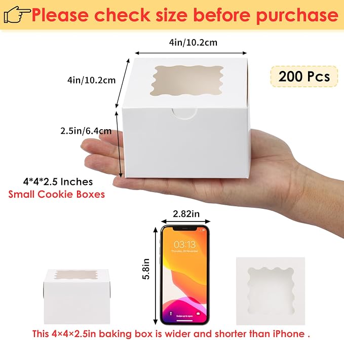 Moretoes 200pcs Small Cookie Boxes, 4x4x2.5 Inch White Bakery Boxes with Window for Pastries, Treats, Cupcakes, Donuts, Candy, Strawberries