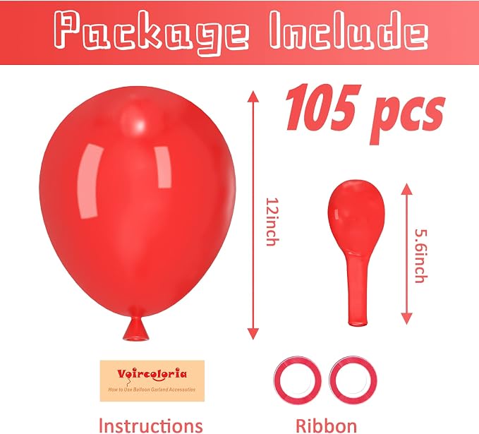 Voircoloria 105pcs Red Balloons 12inch Party Latex Balloons for Valentine's Day Birthday Christmas Baby Shower Wedding Anniversary Party Decorations
