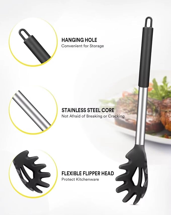 Premium Kitchen Utensil Set, 4-Piece Silicone and Stainless Steel Cooking Tools, Black Spatula, Ladle, Pasta Server and Turner with Hanging Hooks