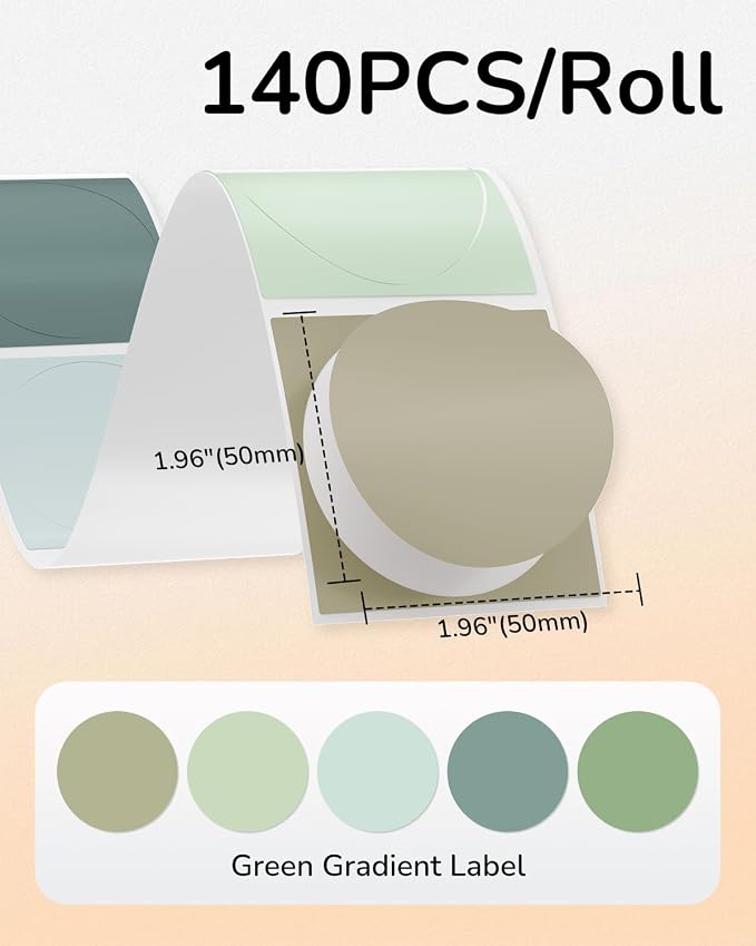 Phomemo Labels - 2 Inch Round Thermal Labels, Green Gradient Self-Adhesive Sticker for M110/M100/M220/M250 Label Printers, Circle Thermal Paper for Baking, Candle, Logo, Small Business, 140pcs/Roll