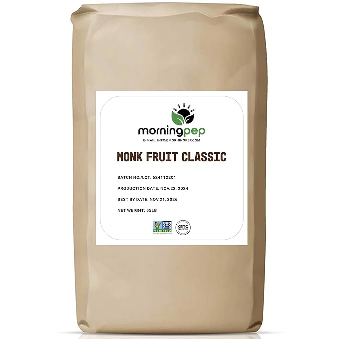 Morning Pep Monk Fruit Sweetener, Classic | White Sugar Substitute, Keto Diet Friendly, 1:1 Sugar Replacement, For Baking, Coffee, Tea, Zero Calorie Non Gmo Project Verified, OU Kosher, White - 55 lb BULK BAG (880 oz)