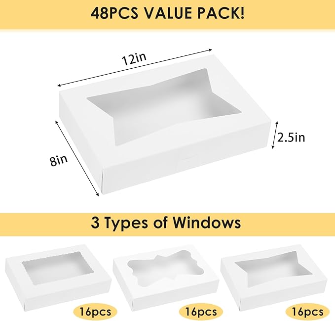 Moretoes 48pcs Auto-Popup Treat Boxes, 12x8x2.5 Inches Cookie Boxes with 3 Style Window, for Chocolate Covered Strawberries,Muffins, Donuts, Pastries (White)