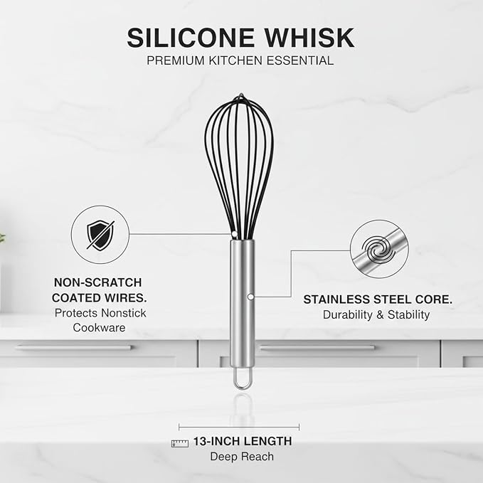 Mix Batters and Sauces with This 13-Inch Silicone Whisk Featuring Coated Wires