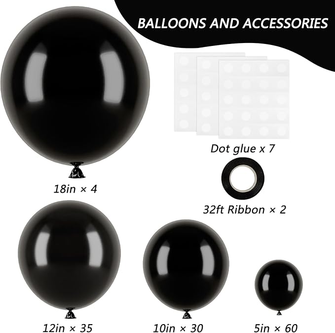 RUBFAC Black Balloons for Balloon Arch 129pcs Different Sizes Pack of 18 12 10 5 Inch Garland Kit, Latex Halloween Balloons for Party Decorations Birthday Wedding Decor