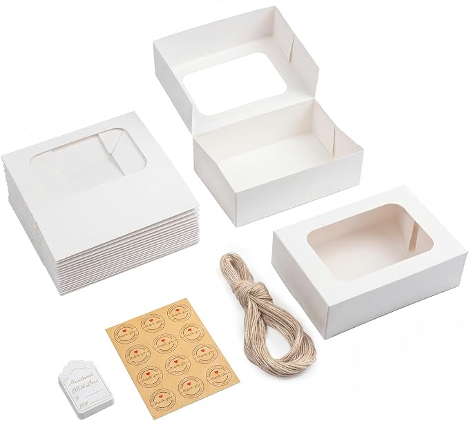 YEKTFS 24 Pack Cookie Boxes with Window, 9x6x3 Inch White Bakery Containers for Desserts, Candy, Muffins, Donuts, Chocolate Covered Strawberries & Gift Giving