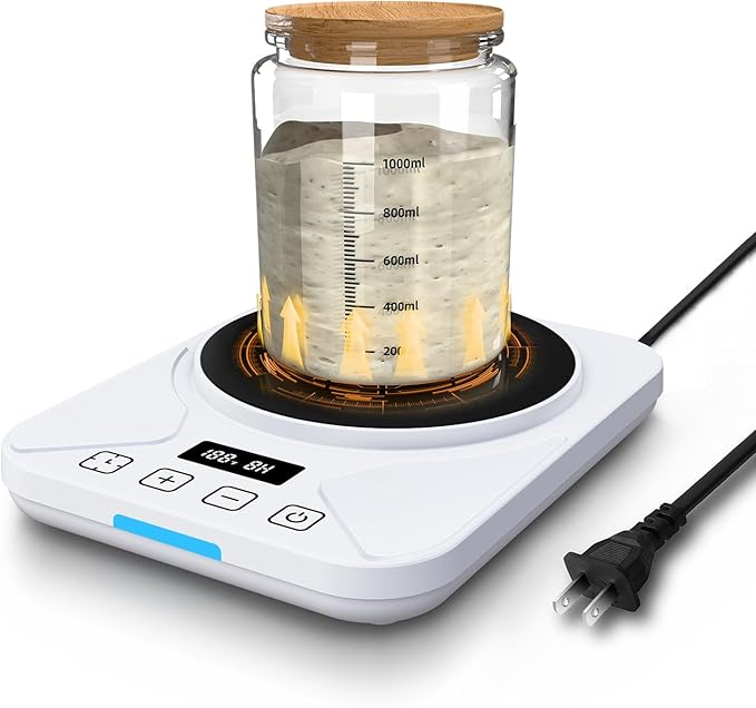 Sourdough Starter Warmer Mat - 24H Timer - Precise 1°F Thermostat Control (70-100°F) - Smart Memory Warming On/Off - Fits Jars Up to 40oz - Perfect for Home Baking (Moonlight White)