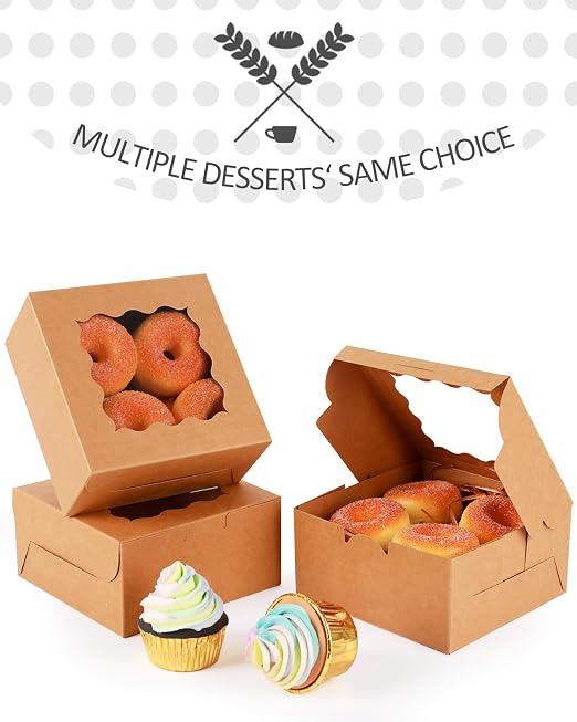 qiqee 140Pcs Brown Bakery Box with Window 6"×6"×3" Macaron Boxes Small Donut Pastry Boxes for Party Mini Cookie Boxes