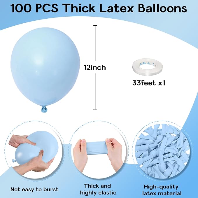 Jobkoo Pastel Blue Balloons 12 Inch, 100 Pack Light Blue Latex Matte Macaron Powder Helium for Gender Reveal Baby Shower Birthday Wedding Party Decorations