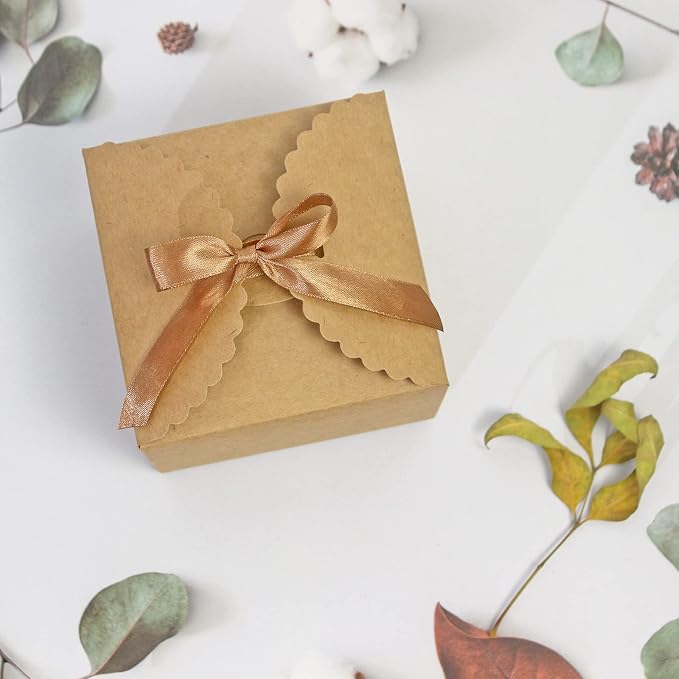 WEWILUCK Brown Box for Presents, 10 Pack Small Empty Kraft Paper Gift Boxes with Ribbon For Packaging Candy, Cookie, Chocolate, Craft, Candle, Small Gifts, 4.75” x 4.75” x 3.53”