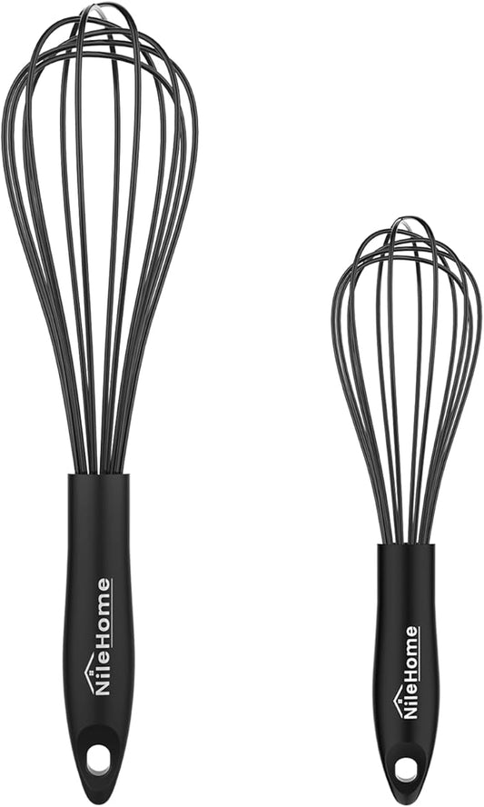 NileHome Silicone Whisk Set 8" 10" Kitchen Whisk Kitchen Wisk Wire Whisks for Cooking, Whisking, Blending, Beating, Stirring-Black