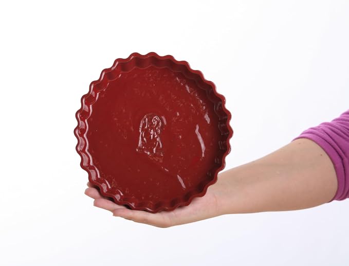 Willow Ceramics Tart Dish, 8 inch Diameter, Longhair Dachshund Tart Dish Design, Fluted Quiche/Pie Pan, 20oz Volume, Handmade (Red)