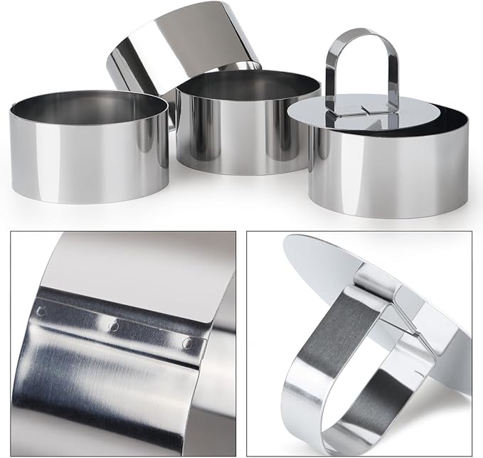 HULISEN Round Cake Ring Mold, Stainless Steel 4" Cooking Crumpet Rings with 1 Pusher & 4 Food Form, Tuna Tartare Mold for Pancake, Salad, Mousse