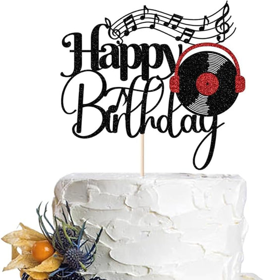Black Glitter Record Happy Birthday Cake Topper，Music Lover Theme Birthday Party Supplies，Vinyl Retro Rock/CD Hip Hop Dancing Ball Party Decoration Supplies (music)