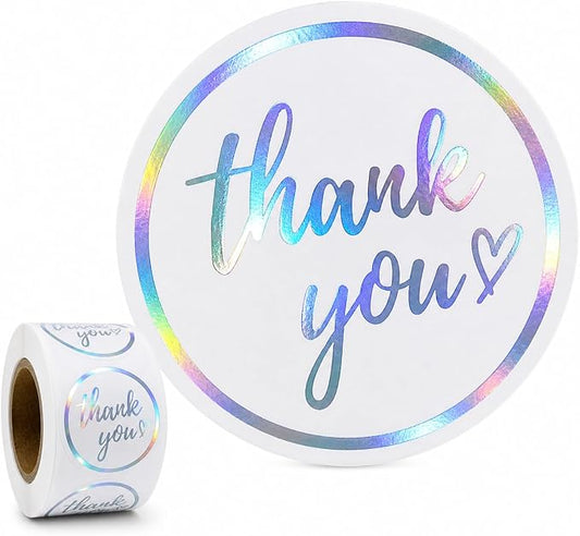 Holographic Thank You Stickers 500 Count — 1.5 Inch Iridescent Foil Thank You Labels for Small Business Packaging, Waterproof Self-Adhesive Stickers for Envelopes, Gift Bags, Boxes, Mailers