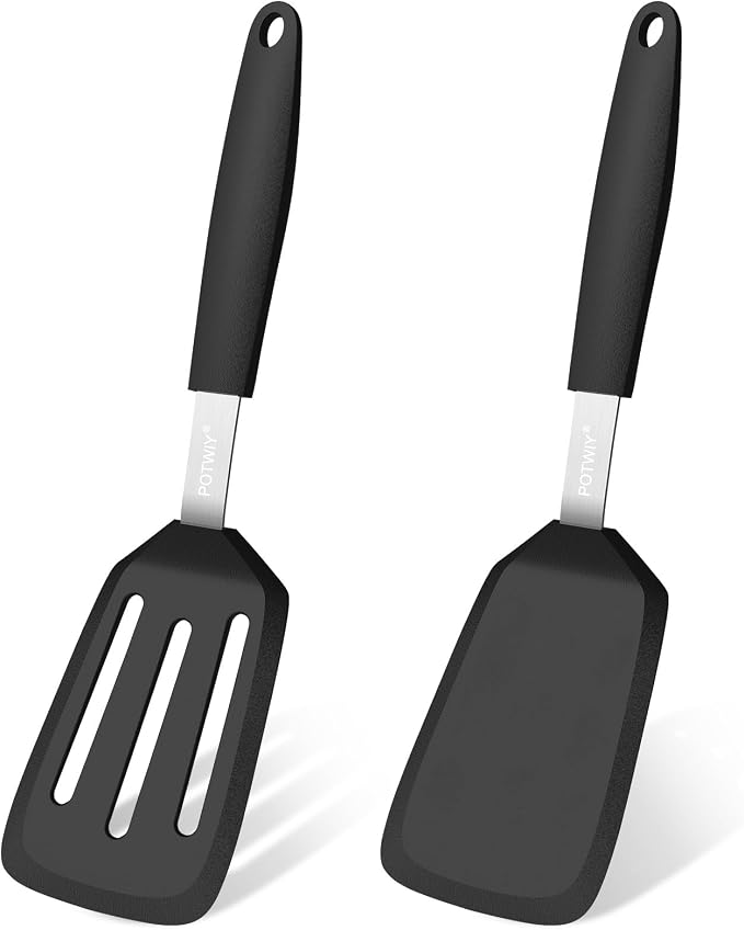 2 Pack Silicone Kitchen Spatula Set, 600°F Heat Resistant (Black) | BPA Free, Solid & Slotted Turner, Non-Toxic Cooking Utensils, Safe for Non Stick Frying Pan, Dishwasher Safe