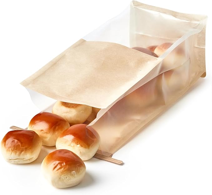 ZORRITA Bakery Bags with Window, 50 Pack, 5.1 x 3.9 x 11 Inches | Tin Tie Tab Lock, For Cookies, Bread, Bagels, Pastry, Popcorns and Snacks