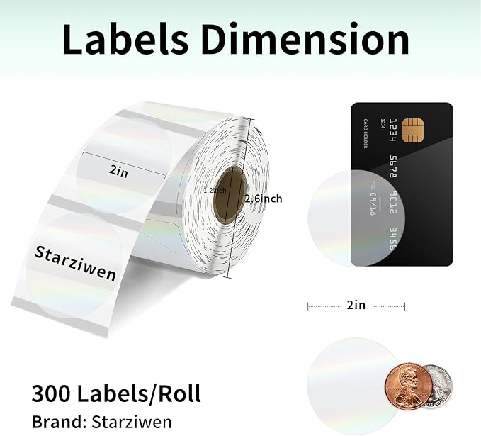 300 Labels/Roll 2" Holographic Transparent Round Thermal Labels, Waterproof Circle Blank Thermal Sticker Compatible with Direct Thermal Label Printers for DIY Logo Designs, Small Business
