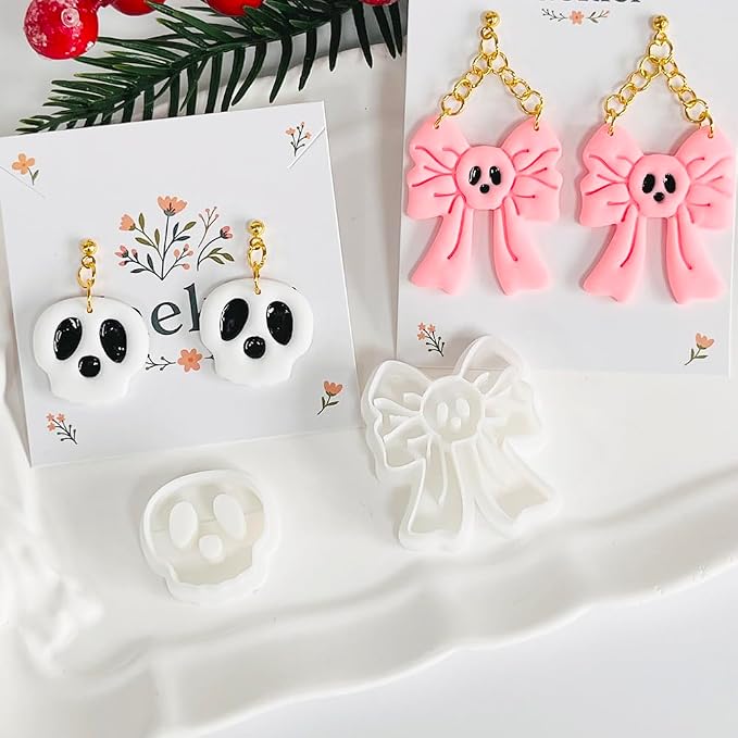 Xaekicr Skull Bow & Cartoon Skeleton Polymer Clay Cutters – Halloween Clay Earring Cutters for DIY Earrings – Cute Polymer Clay Molds for Jewelry Making – Clay Tools for Craft Lovers