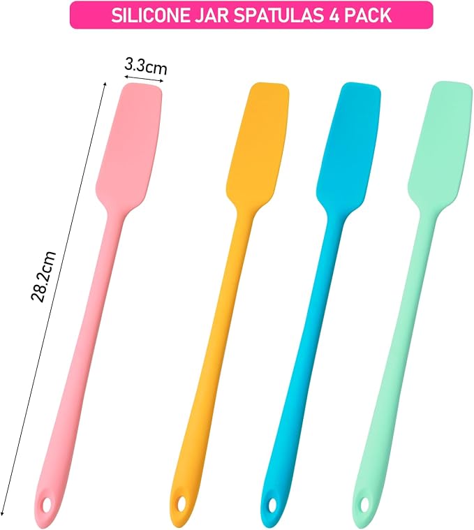 Silicone Jar Spatulas 4 Pack | Long Handle Heat Resistant 600°F Non-Stick Scrapers | for Mason Jars, Baking, Cake Icing, Jam, Blenders | Small Kitchen Utensils | 4 colors