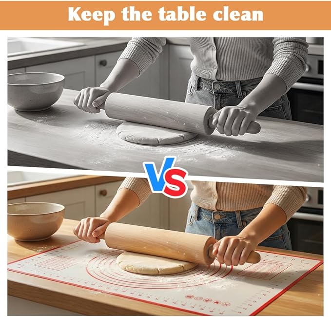 Rolling Pin Set for Baking, Wooden Dough Roller with a 24×16 Inch Silicone Mat and Stand, Kitchen Pastry Baking Accessories for Pie Crust, Cookies, Pizza Dough and Bread