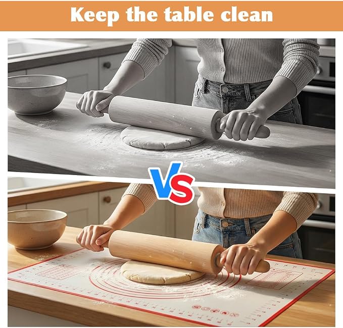 Wood Rolling Pin with Silicone Baking Mat Wood Base, Non Stick Surface Dough Roller with Handle, Fondant Roller Beech Rolling Pins for Baking Pizza Pastry Bread Cookies