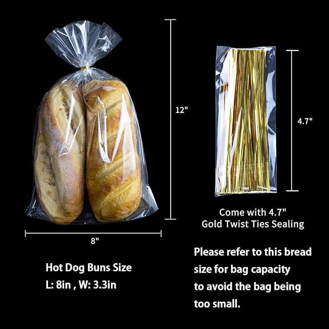 8 x 12 Inch Mirco Perforated Bread Bags, 100 Clear Plastic Bakery Bags With Free Twist Ties, Suitable for Mini Bun/Donut/Muffin/Bagel