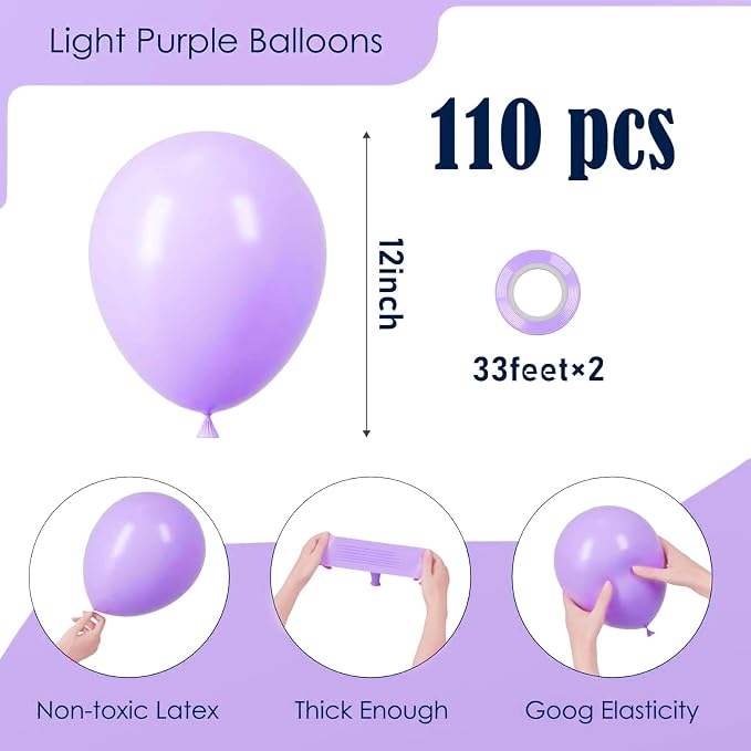 Voircoloria 110pcs Pastel Purple Balloons 12inch Light Purple Latex Party Balloons for Graduation, Easter, Wedding, Birthday, Bridal Shower, Rainbow Party, Baby Shower, Anniversary Party Decorations