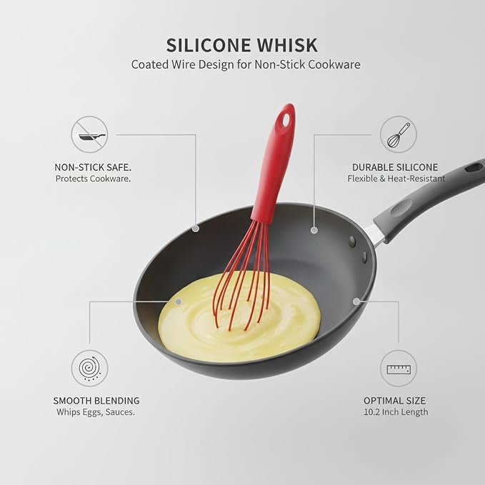 Red Silicone Whisk for Non-Stick Cookware, 10.2 Inch Coated Wire Egg Beater