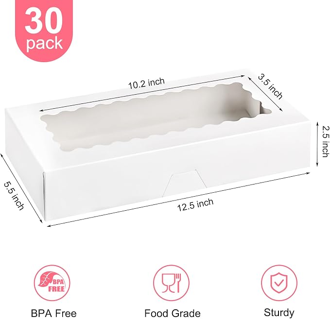 Kucoele Cookie Boxes with Window, 30 PCS, 12.5 x 5.5 x 2.5 Inches, White | Auto-Popup, Bakery Boxes, Treat Boxes, For Chocolate Covered Strawberries, Hot Cocoa Bombs, Pastries, Donuts, Muffins
