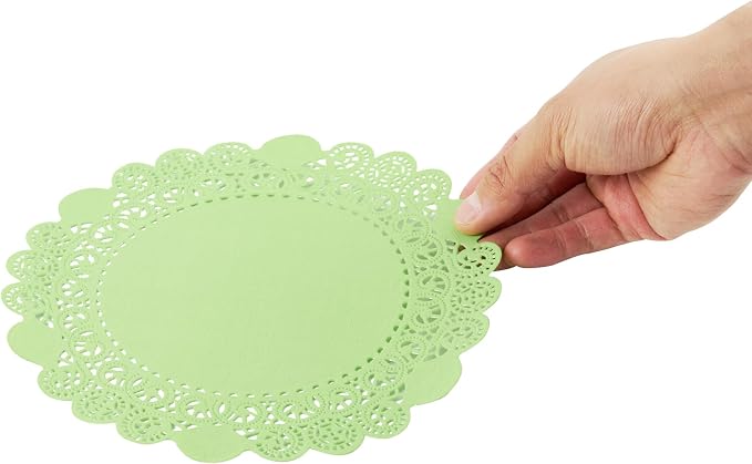 Pastry Tek 8 x 8 Inch Paper Lace Doilies, 100 Disposable Table Doilies - Elegant Lace Finish, Long Lasting, Green Paper Doily, for Pastries, Cupcakes, Desserts - Restaurantware
