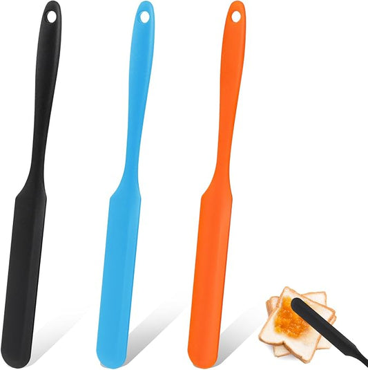 3pcs Silicone Jar Spatula Heat Resistant Kitchen Spatulas with Long Handle, Jam Spreader Cake Cream Butter Spatulas Mixing Batter Scraper for Jars Baking Cake Icing(Blue&Orange&Black)