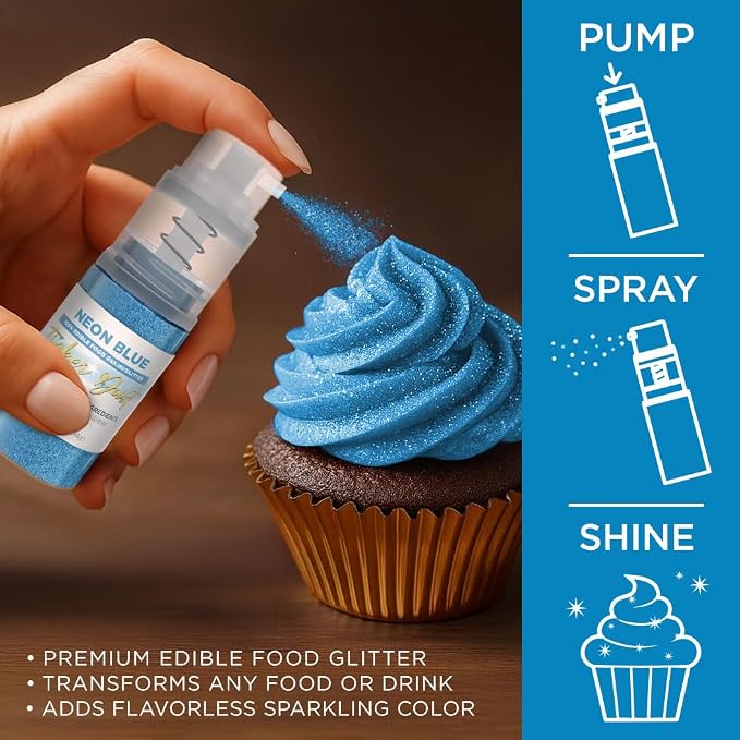 Bakell - Neon Blue Tinker Dust (4g, 1x Mini Spray Pump) Edible Glitter for Food, Desserts, and Baked goods!