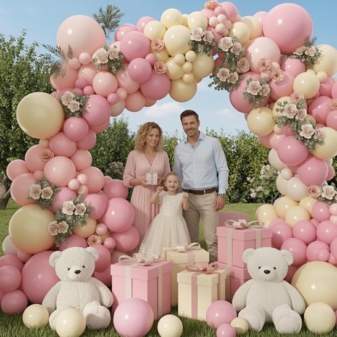 Pink and Yellow Balloon Arch Garland Kit 157pcs, Pastel Pink Light Pink Yellow Sand White Balloons Arch Kit for Birthday Baby Shower Bridal Shower Wedding Bee Bear Themed Party Decorations