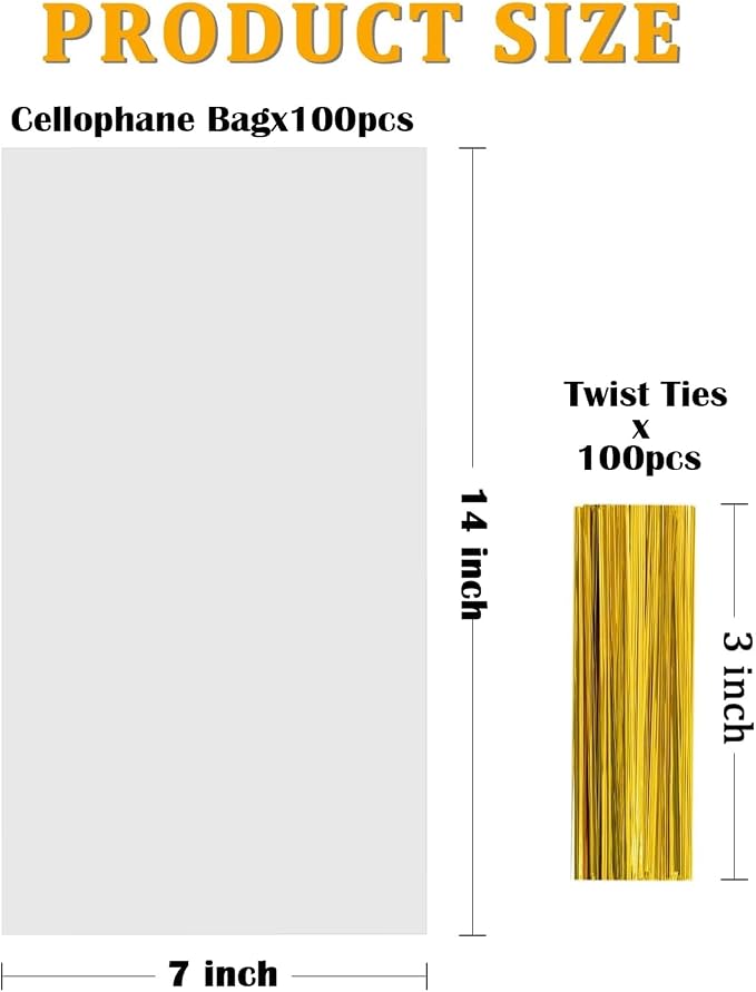 Labeol 100pcs Cellophane Bags 7X14 Popcorn Bags Treat Bag with Ties Goodie Clear Gift Bag for Packaging Party Favor Cookie Candy Bakery Plastic Cellophane Wrap