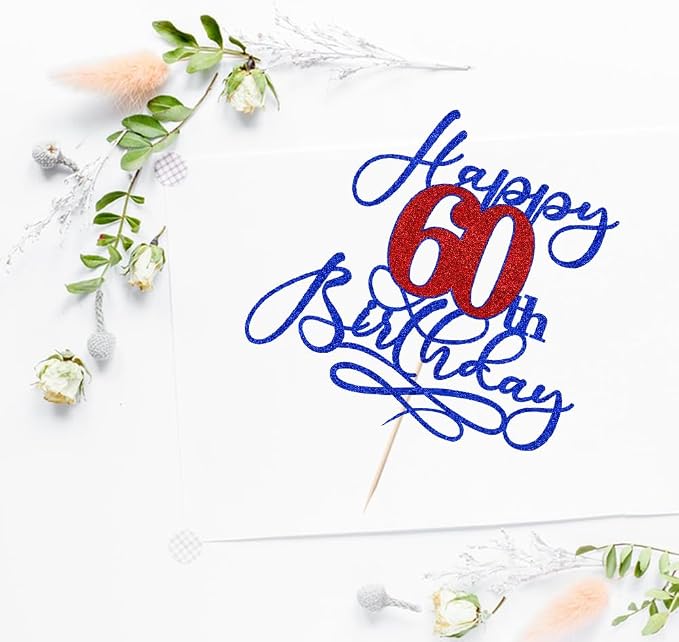 Happy 60th Birthday Cake Topper,Deep blue font red Numbers 60th Birthday Cake Decoration,Hello 60, Cheers to 60 Years/60th Anniversary,60& Fabulous Party Decoration