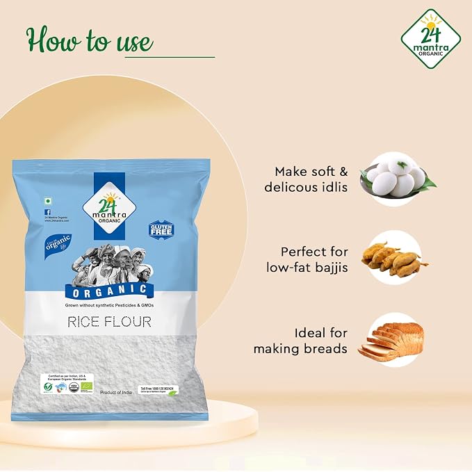 Organic Rice Flour Pure White - Rice Atta - ★ USDA Certified Organic - ★ European Union Certified Organic - ★ Pesticides Free - ★ Adulteration Free - ★ Sodium Free - 2 lb - 24 Mantra Organic