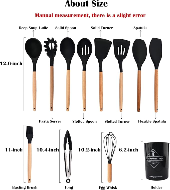 1pcs Black Silicone Slotted Spoon with Wooden Handle, Heat-Resistant Cooking Utensils Spoon for Serving Stirring Scooping and Mixing Filtering Food.