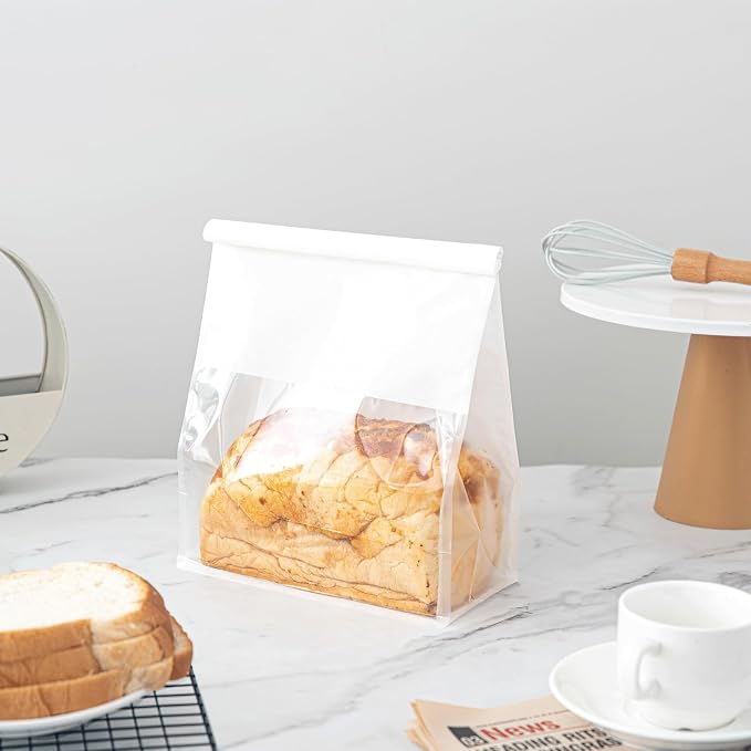 50 Pcs 8.6 Inch Bread Bags with Tin Tie, Large Loaf Bags Made Of White Cotton Paper, Storage Packing Bag with Clear Window for Bakery, Cafe, Homemade Bread