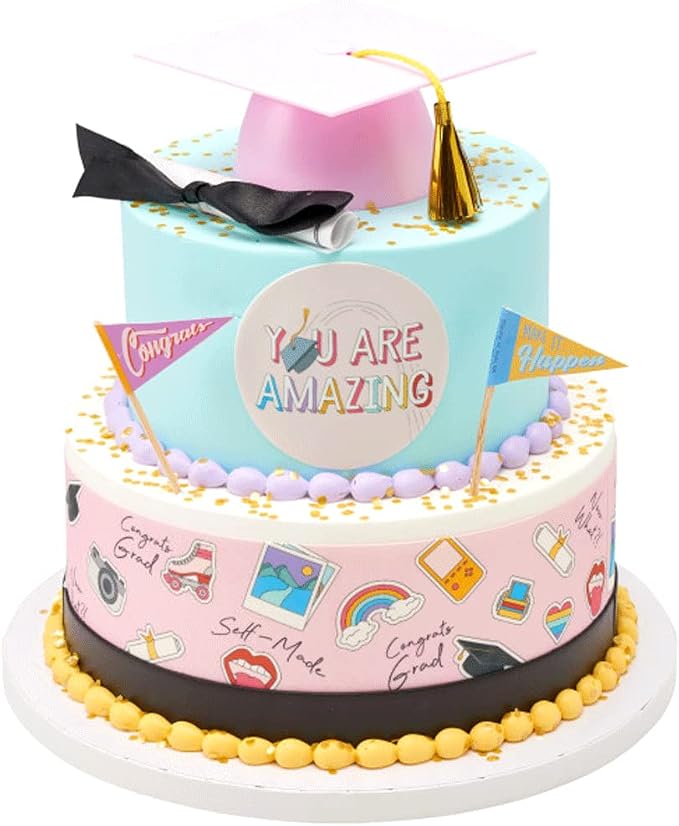 Plastic Graduation Cap Cake Topper with Large Paper Diploma Cake Topper (Pink)
