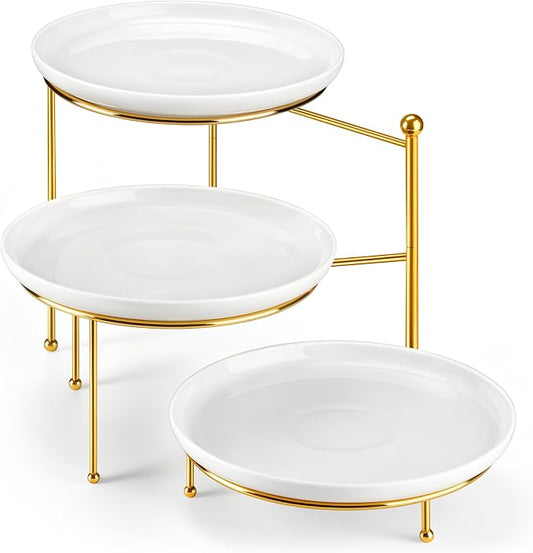 MALACASA White 3 Tier Serving Tray Stand with Gold Rack, 10 Inch Porcelain Tiered Dessert Stand, Cupcake Fruit Display Tower, Serving Platters for Party, Appetizer Tray, Dessert Table Display