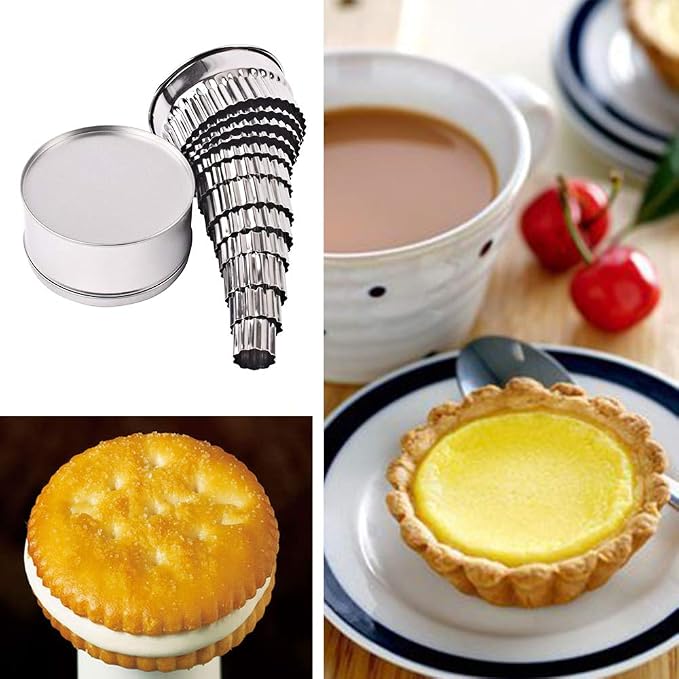 12 Pieces Stainless Steel Fluted Edge Round Cookie Biscuit Cutter Set Graduated Ring Sizes for Effortless Circle Cookie Shaping, Pastry