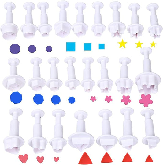 Fondant Plunger Cutters Set- 24pcs Fondant Cutters Cake Cutters for Decorating Heart Flower Star Geometric Shape DIY Decorating Mold Tools Set | Spring-release plastic tools for clean mini shapes on gum paste, cookies and cake toppers