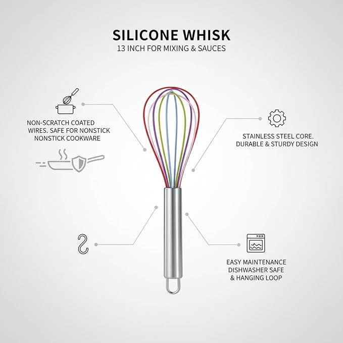 Mix Batters and Sauces with This 13-Inch Silicone Whisk Featuring Coated Wires