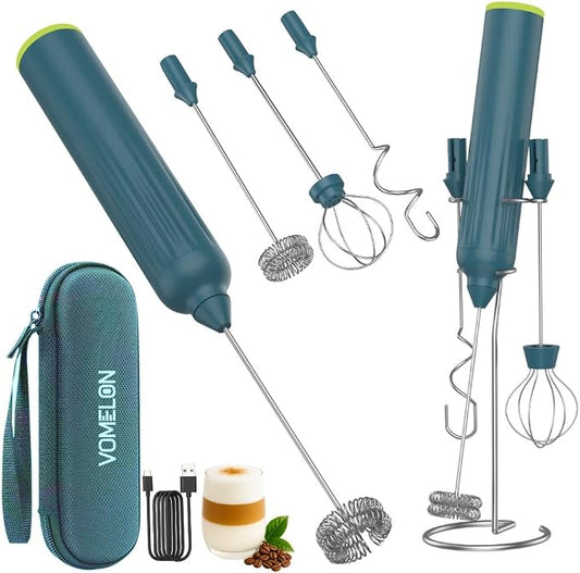 Milk Frother Handheld with 3 Stainless Steel Whisks, Rechargeable Electric Drink Mixer with Stand & Travel Case, Milk Foamer for Coffee, Latte, Cappuccino, Hot Chocolate, Egg,Jam Supplement-Green