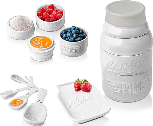 Comfify White Mason Jar Measuring Set – 4 Cups, 4 Spoons, Spoon Rest | White; ceramic; 9-piece set; 4 measuring cups + 4 measuring spoons + spoon rest; mason jar design; hand wash only