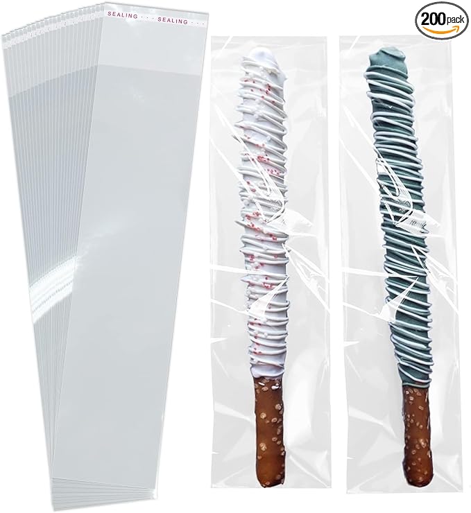 SUREHOME Pretzel Rod Bags 200 Pcs 2x8 In Clear Self Sealing Cellophane Bags for Chocolate Covered Pretzel Stick Individual Resealable Plastic Cello Bag for Party Favors Candy Treats Popsicle Packaging
