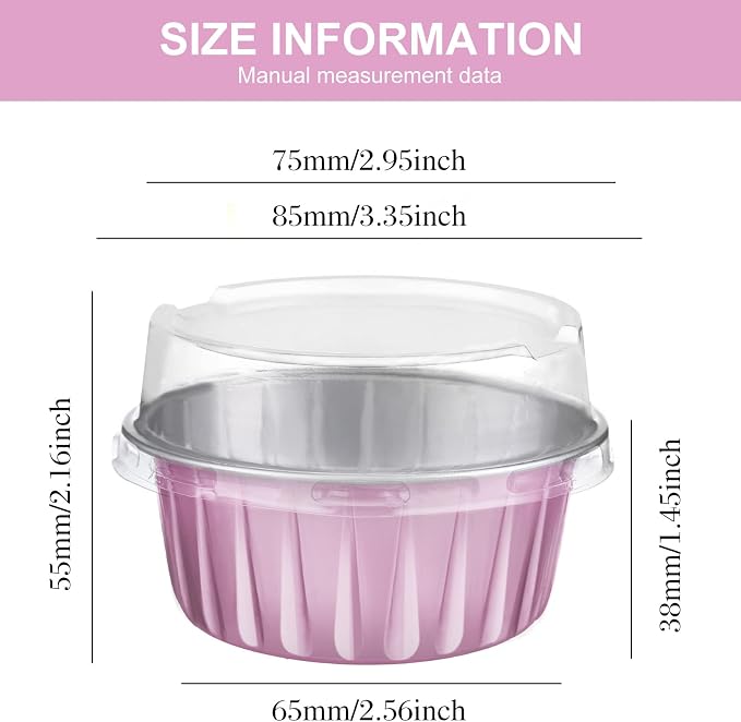200 Pack Aluminum Foil Cupcake Liners with Lids, 5 oz Round Baking Cup, Disposable Ramekin Container for Graduation Wedding Independence Day Party(Pink,Plain)