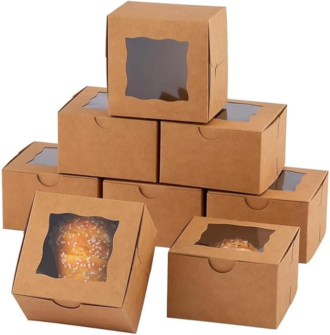 JIYIXhylera 48pcs 6x6x3 Inches Small Bakery Boxes with Window, Small Cake Boxes, Treat Boxes, Pastry Boxes, Dessert Boxes, Cookie Boxes, Mini Pie Boxes for Pastries, Pie, Chocolates, Cupcakes (Brown)